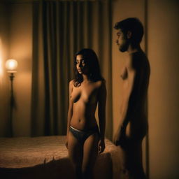 A beautiful Bangladeshi girl wearing lingerie, standing inside a bedroom with a sad expression, accompanied by a shirtless man