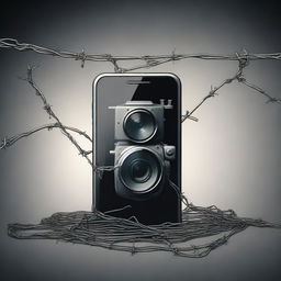 Create a movie poster featuring a mobile phone, digital camera, video camera, and barbed wire