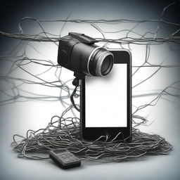 Create a movie poster featuring a mobile phone, digital camera, video camera, and barbed wire