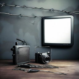 Create a movie poster featuring a mobile phone, digital camera, video camera, and barbed wire