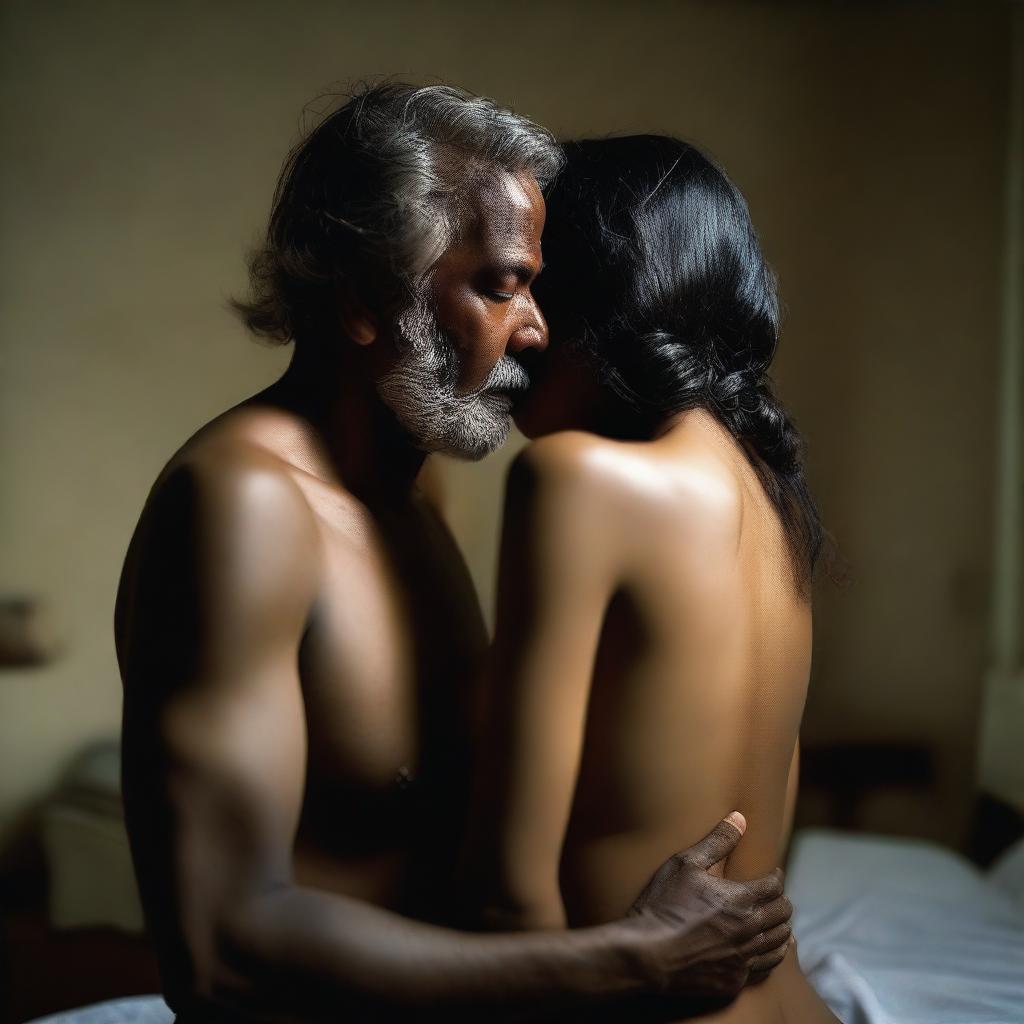 A beautiful Bangladeshi girl wearing lingerie, standing inside a bedroom with a sad expression, being hugged from behind by an older shirtless man