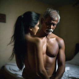 A beautiful Bangladeshi girl wearing lingerie, standing inside a bedroom with a sad expression, being hugged from behind by an older shirtless man