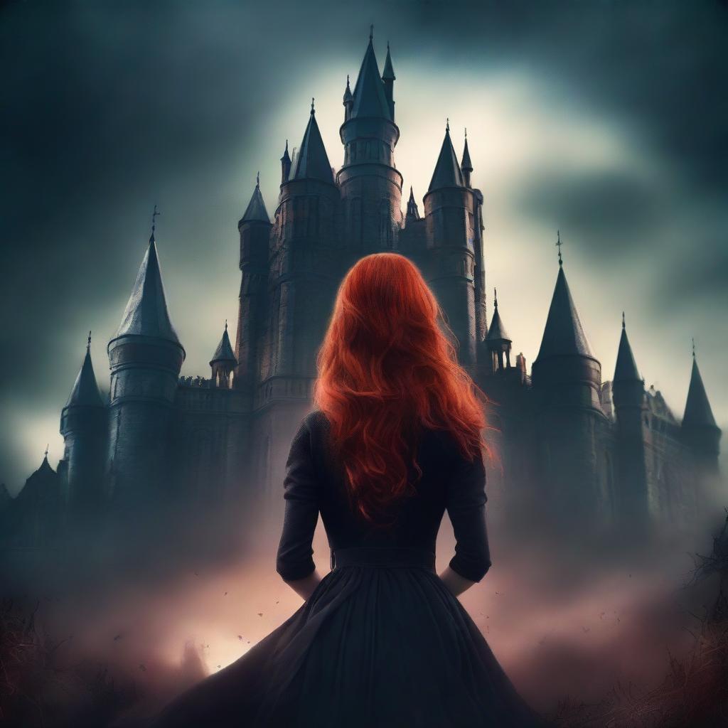 Create a dark fantasy book cover featuring a red-haired girl surrounded by dark shadowy hands