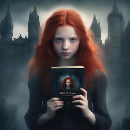 Create a dark fantasy book cover featuring a red-haired girl surrounded by dark shadowy hands