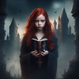 Create a dark fantasy book cover featuring a red-haired girl surrounded by dark shadowy hands