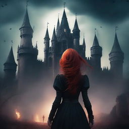 Create a dark fantasy book cover featuring a red-haired girl surrounded by dark shadowy hands