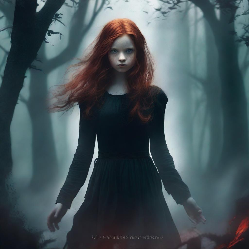 Create a dark fantasy book cover featuring a red-headed girl standing in a shadowy, eerie environment