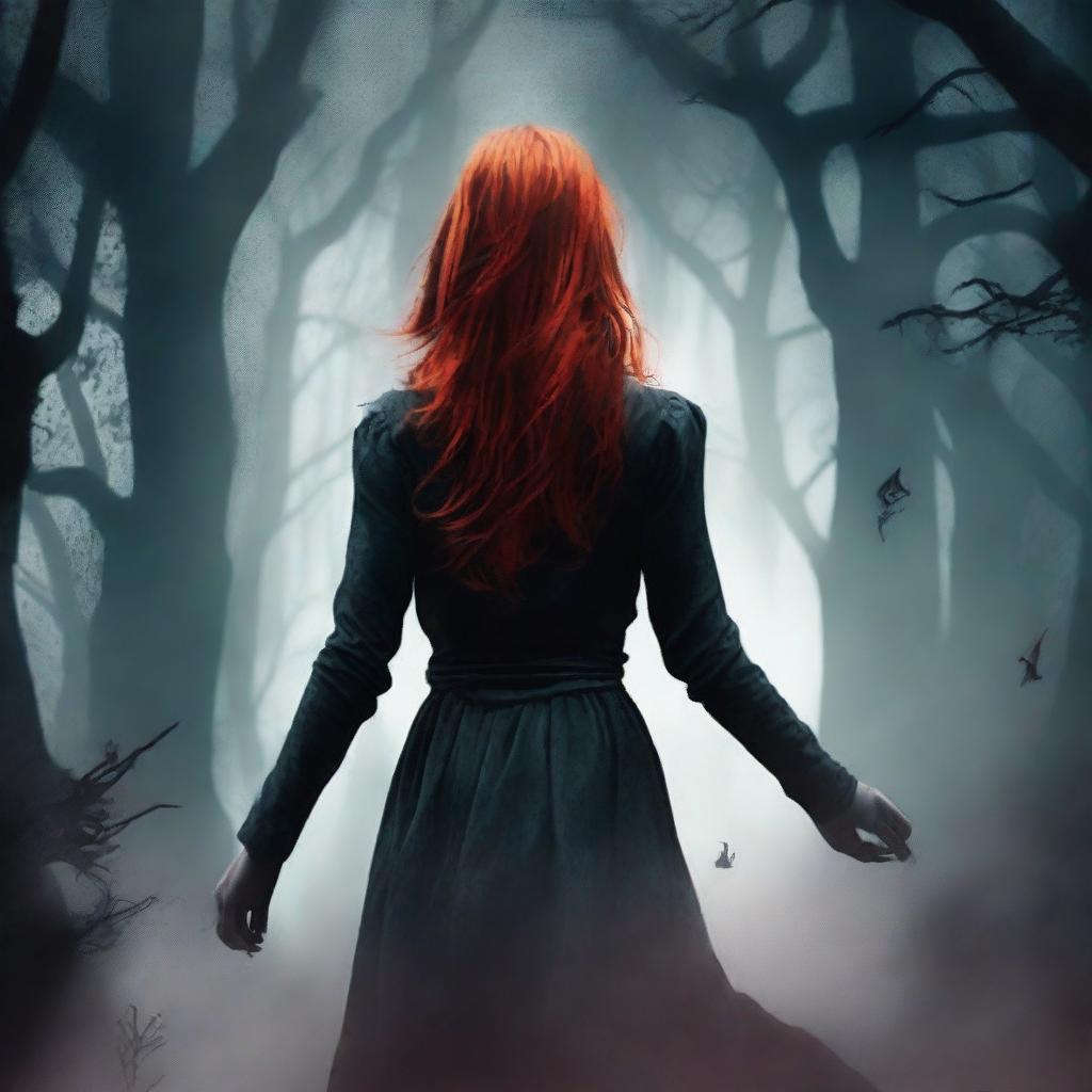 Create a dark fantasy book cover featuring a red-headed girl standing in a shadowy, eerie environment