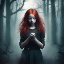 Create a dark fantasy book cover featuring a red-headed girl standing in a shadowy, eerie environment