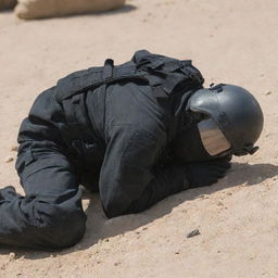 A military soldier clad in full black tactical gear, laying prone on the ground, revealing his full body from head to toe.