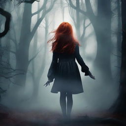 Create a dark fantasy book cover featuring a red-headed girl standing in a shadowy, eerie environment