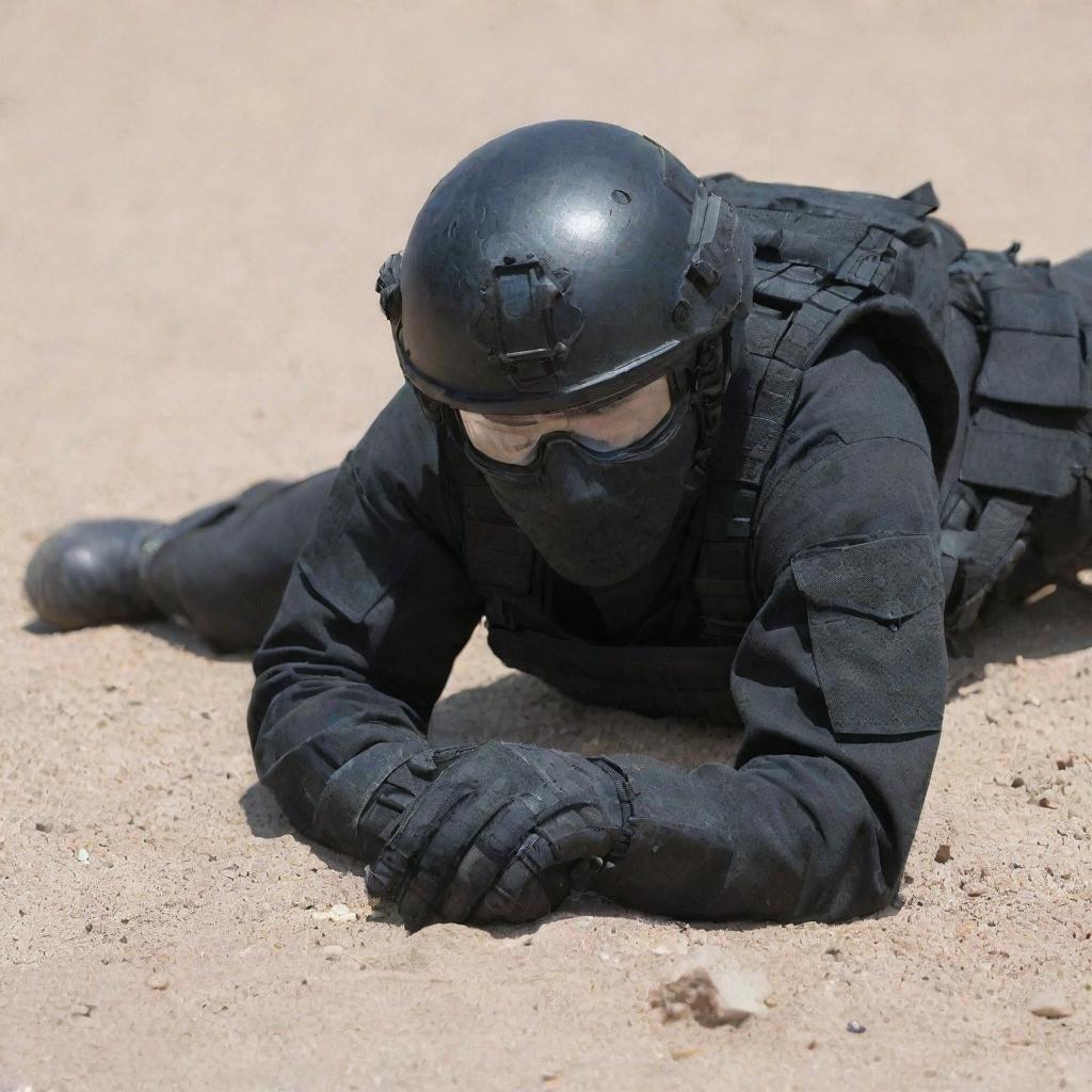 A military soldier clad in full black tactical gear, laying prone on the ground, revealing his full body from head to toe.