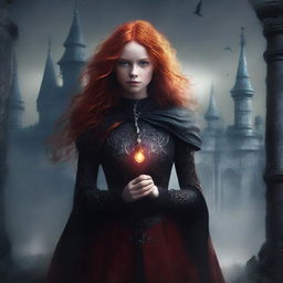 Create a dark fantasy book cover featuring a red-headed girl in elaborate fantasy clothing