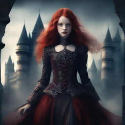 Create a dark fantasy book cover featuring a red-headed girl in elaborate fantasy clothing