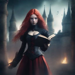 Create a dark fantasy book cover featuring a red-headed girl in elaborate fantasy clothing