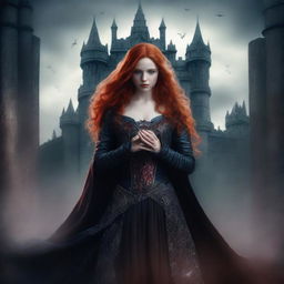 Create a dark fantasy book cover featuring a red-headed girl in elaborate fantasy clothing