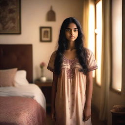 A young Indian girl wearing a nightgown is standing in a bedroom