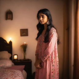 A young Indian girl wearing a nightgown is standing in a bedroom