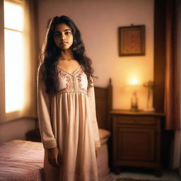 A young Indian girl wearing a nightgown is standing in a bedroom