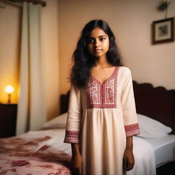 A young Indian girl wearing a nightgown is standing in a bedroom