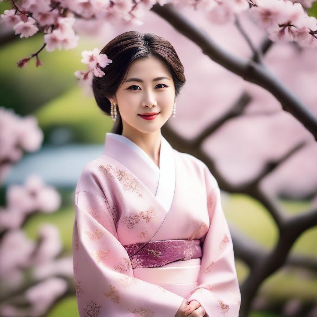 A beautiful Japanese woman in traditional attire standing in a serene garden with cherry blossom trees in the background, exuding elegance and grace