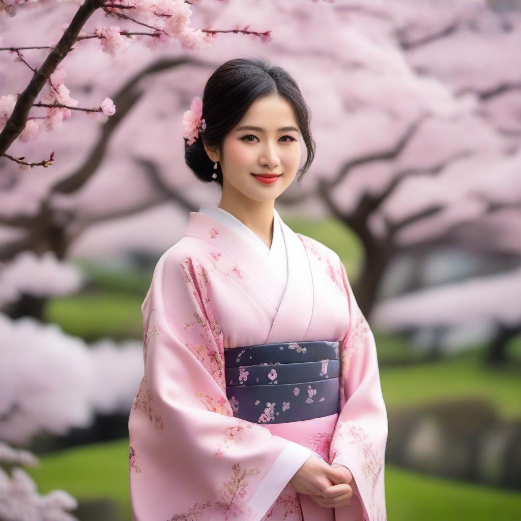 A beautiful Japanese woman in traditional attire standing in a serene garden with cherry blossom trees in the background, exuding elegance and grace