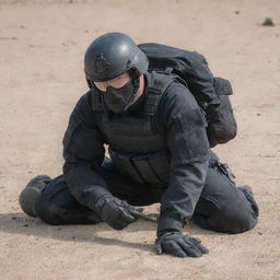 A military soldier clad in full black tactical gear, laying prone on the ground, revealing his full body from head to toe.