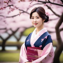 A beautiful Japanese woman in traditional attire standing in a serene garden with cherry blossom trees in the background, exuding elegance and grace