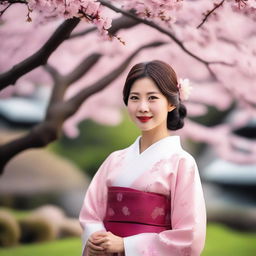 A beautiful Japanese woman in traditional attire standing in a serene garden with cherry blossom trees in the background, exuding elegance and grace