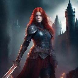 Create a dark fantasy book cover featuring a red-headed girl in elaborate fantasy warrior clothing