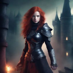 Create a dark fantasy book cover featuring a red-headed girl in elaborate fantasy warrior clothing