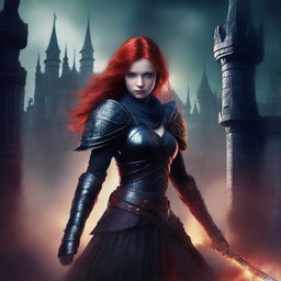 Create a dark fantasy book cover featuring a red-headed girl in elaborate fantasy warrior clothing