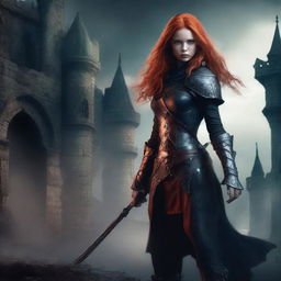 Create a dark fantasy book cover featuring a red-headed girl in elaborate fantasy warrior clothing