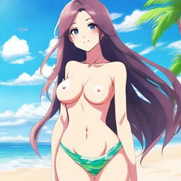 A beautiful anime girl wearing a bikini, standing by the beach with the ocean in the background