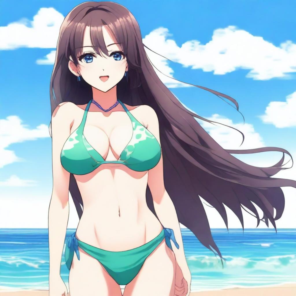 A beautiful anime girl wearing a bikini, standing by the beach with the ocean in the background