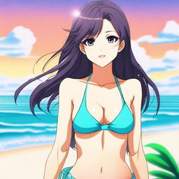 A beautiful anime girl wearing a bikini, standing by the beach with the ocean in the background