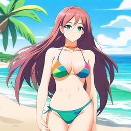 A beautiful anime girl wearing a bikini, standing by the beach with the ocean in the background