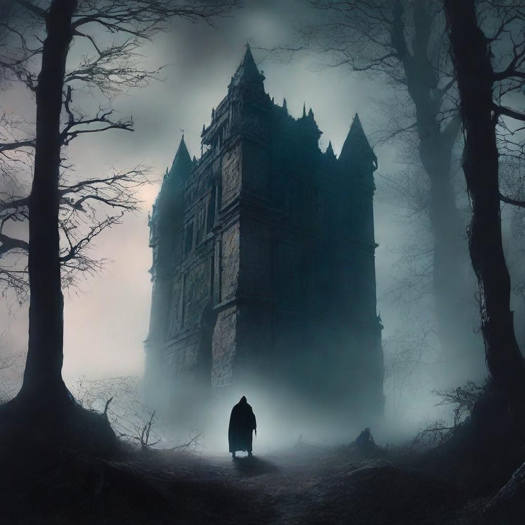 Create a dark fantasy book cover featuring a shadowy, eerie environment