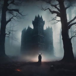 Create a dark fantasy book cover featuring a shadowy, eerie environment