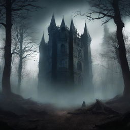 Create a dark fantasy book cover featuring a shadowy, eerie environment