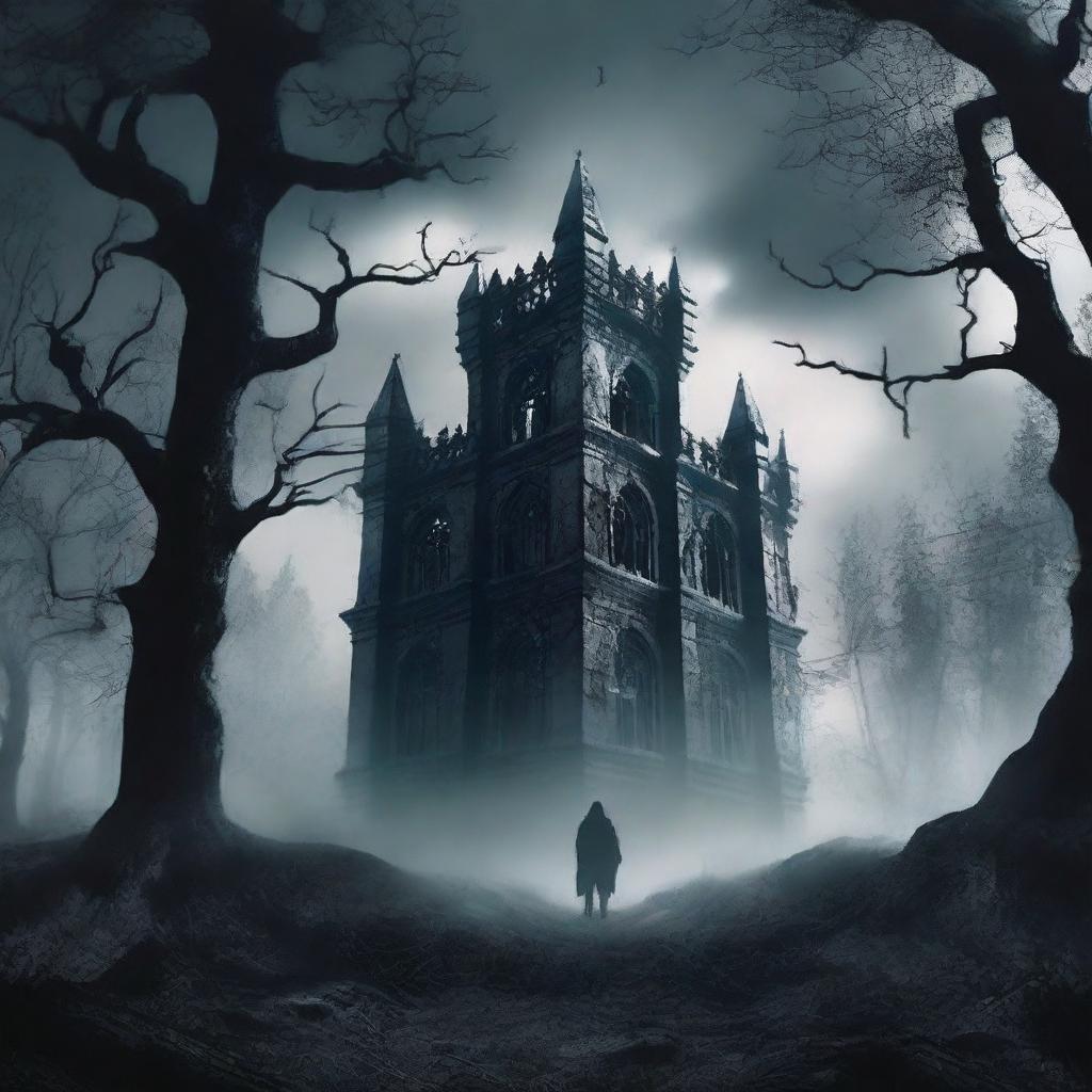 Create a dark fantasy book cover featuring a shadowy, eerie environment