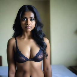 A beautiful Bangladeshi girl wearing lingerie, facing forward, standing in a bedroom with a somber expression