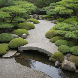 A tranquil view of a serene Japanese Zen garden with a small stone bridge, lush green foliage, and smooth pebbles.