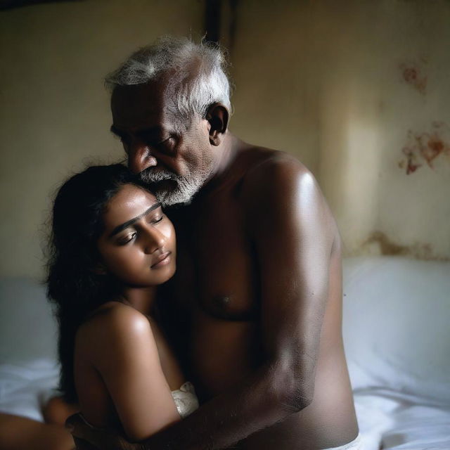 An image of an old man without a shirt hugging a beautiful Bangladeshi girl from behind