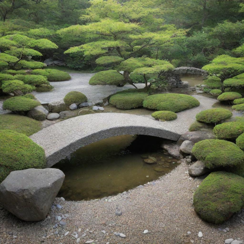 A tranquil view of a serene Japanese Zen garden with a small stone bridge, lush green foliage, and smooth pebbles.