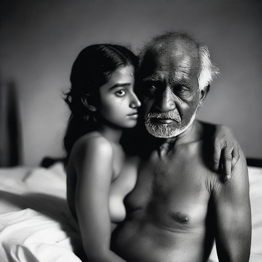 An image of an old man without a shirt hugging a beautiful and cute Bangladeshi girl from behind