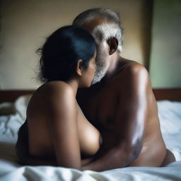 An image of an old man without a shirt hugging a beautiful and cute Bangladeshi girl from behind