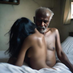 An image of an old man without a shirt hugging a beautiful and cute Bangladeshi girl from behind