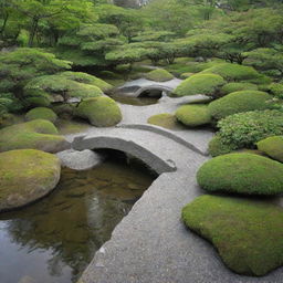 A tranquil view of a serene Japanese Zen garden with a small stone bridge, lush green foliage, and smooth pebbles.