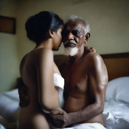 An image of an old man without a shirt hugging a beautiful and cute Bangladeshi girl from behind